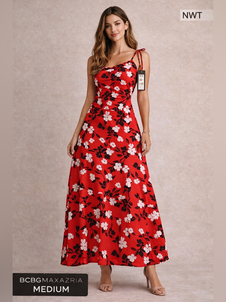 Bcbg Maxazria Floral Dress Midi Red/Black New Womens Medium Fancy Wedding Romant